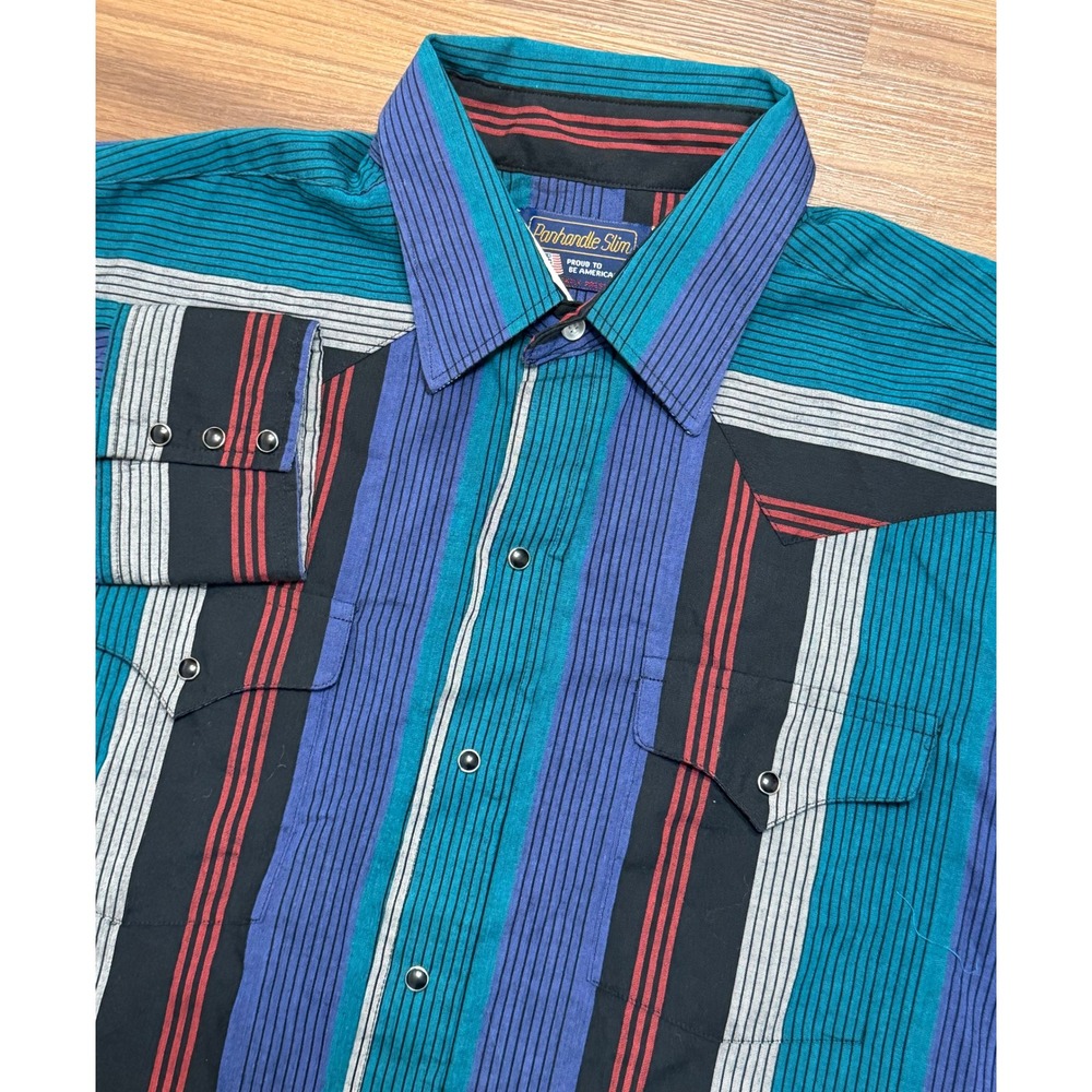 VTG Panhandle Slim Mens Western Pearl Snap Shirt Striped Made in USA Sz 17.5x36